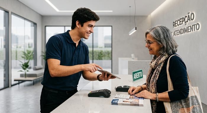 Jovem aprendiz atendendo cliente na recepção